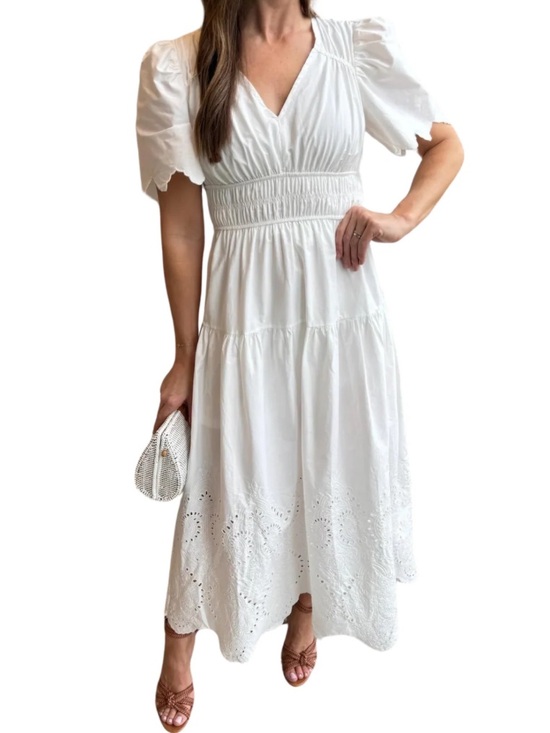 Moon River Dresses & Skirts - Moon River Pleated Eyelet Tiered Midi Dress white